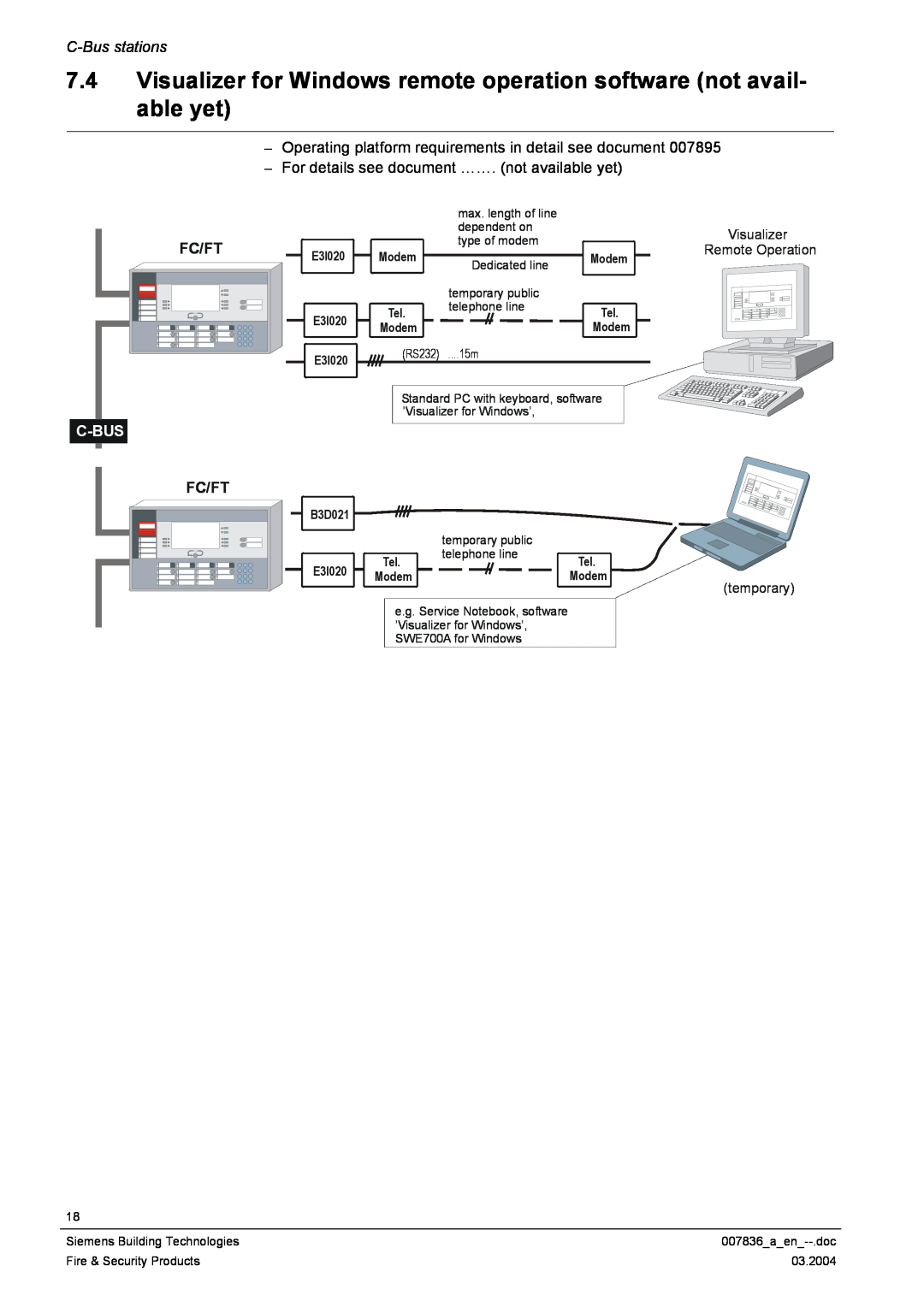 Siemens FC700A manual Fc/Ft, C-Busstations, Visualizer Remote Operation temporary, E3I020, B3D021, Modem 