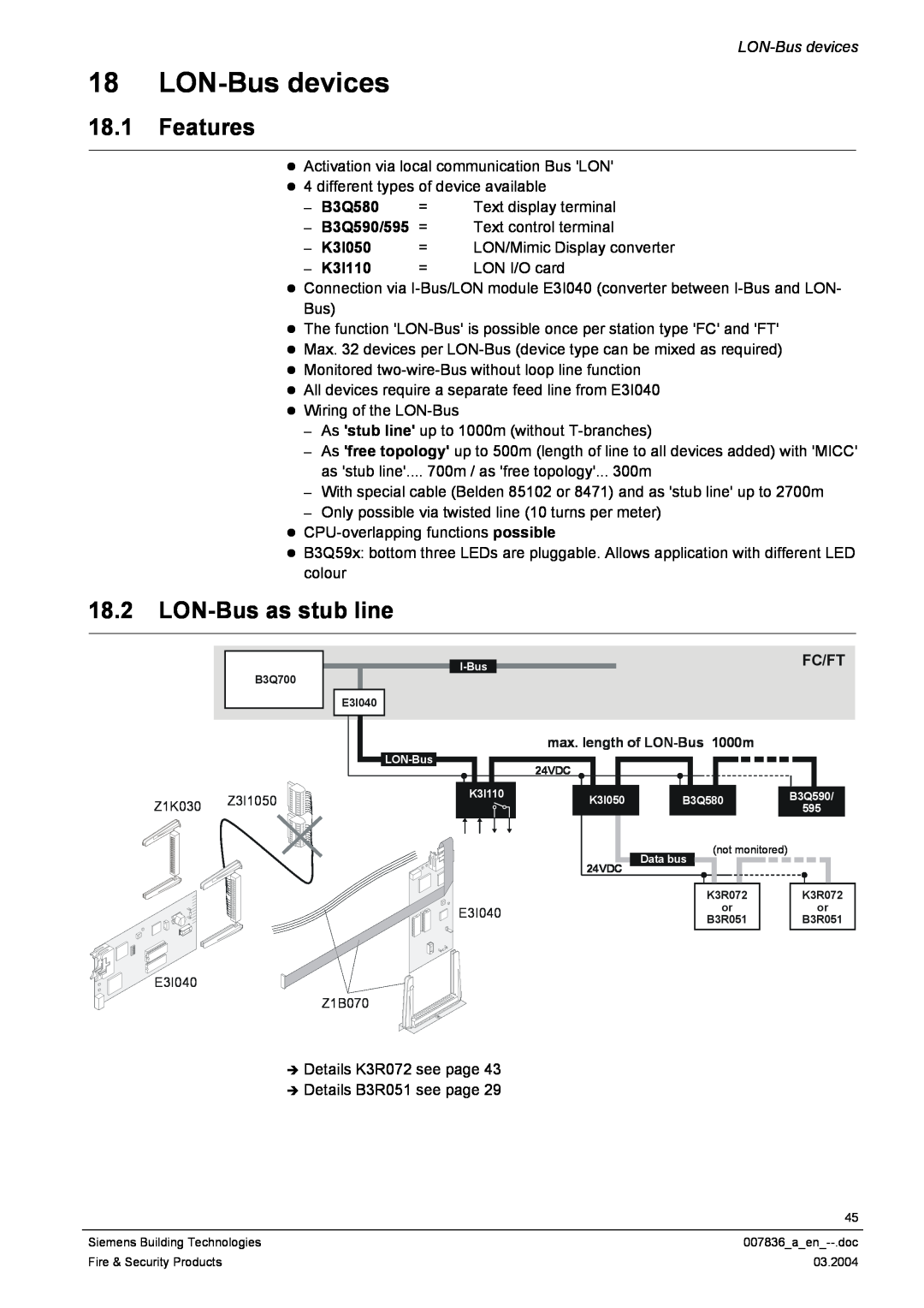 Siemens FC700A manual LON-Busdevices, 18.1Features, 18.2LON-Busas stub line, B3Q580, B3Q590/595, K3I050, K3I110 