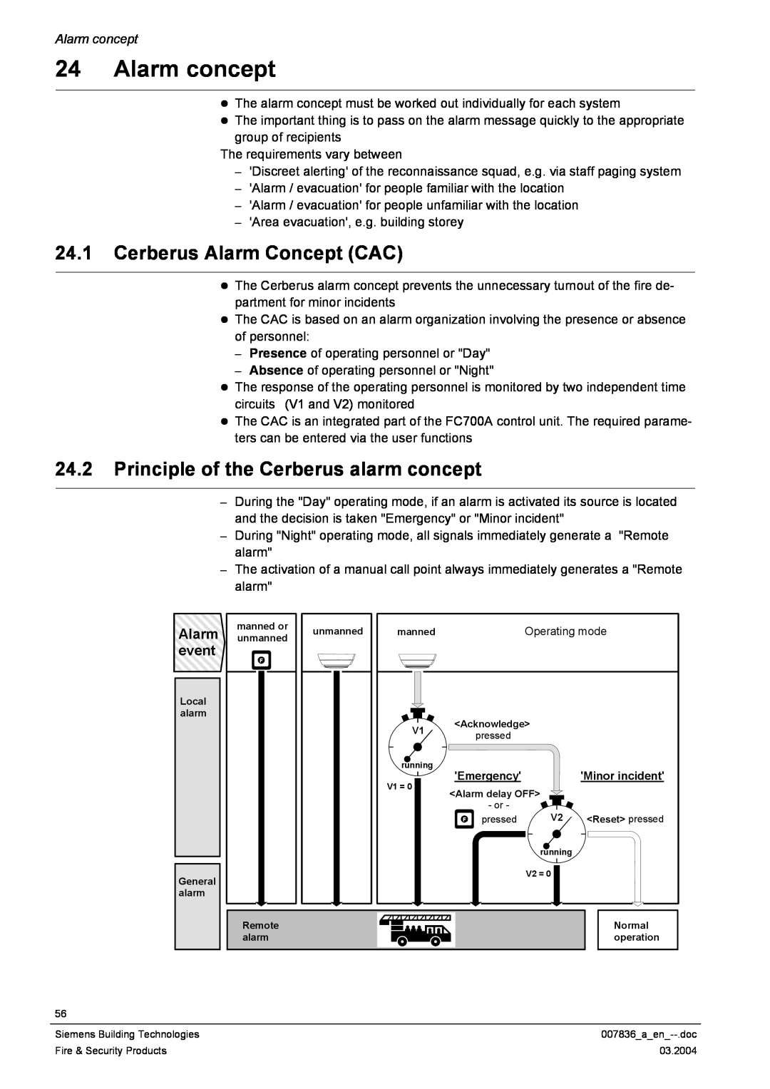 Siemens FC700A manual Alarm concept, 24.1Cerberus Alarm Concept CAC, 24.2Principle of the Cerberus alarm concept, event 