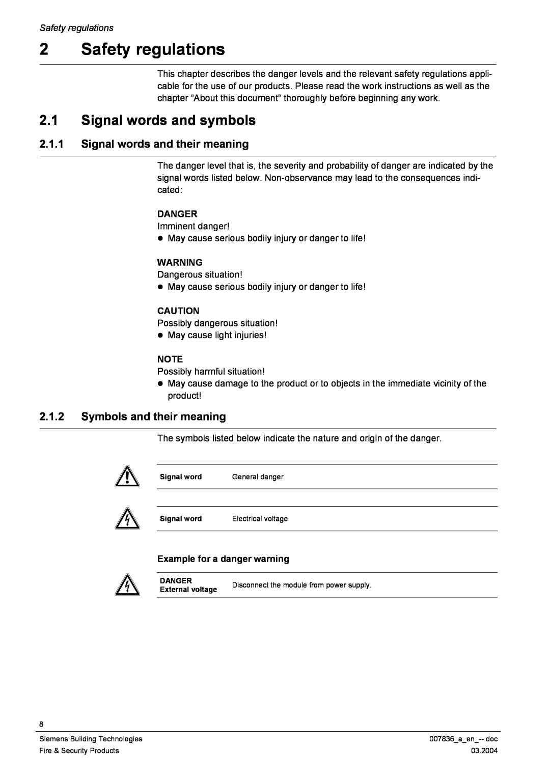 Siemens FC700A manual Safety regulations, 2.1Signal words and symbols, 2.1.1Signal words and their meaning, Danger 