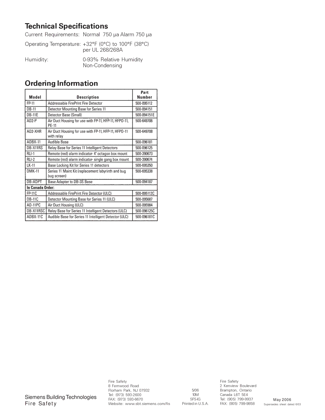 Siemens FP-11 manual Technical Specifications, Ordering Information 