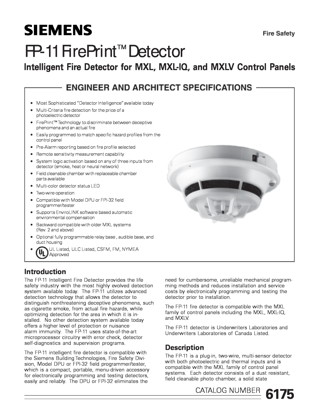 Siemens manual Introduction, Description, FP-11FirePrint Detector, Catalog Number 