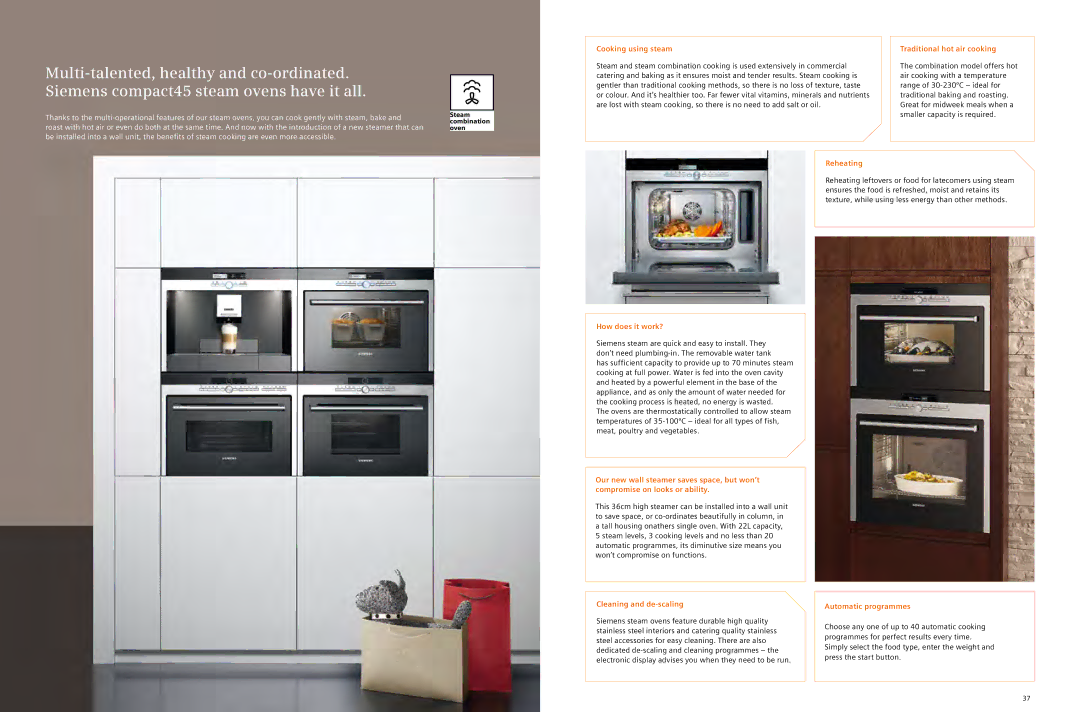 Siemens full range of siemens home appliances, 2012/gcc manual Cooking using steam, Reheating Traditional hot air cooking 