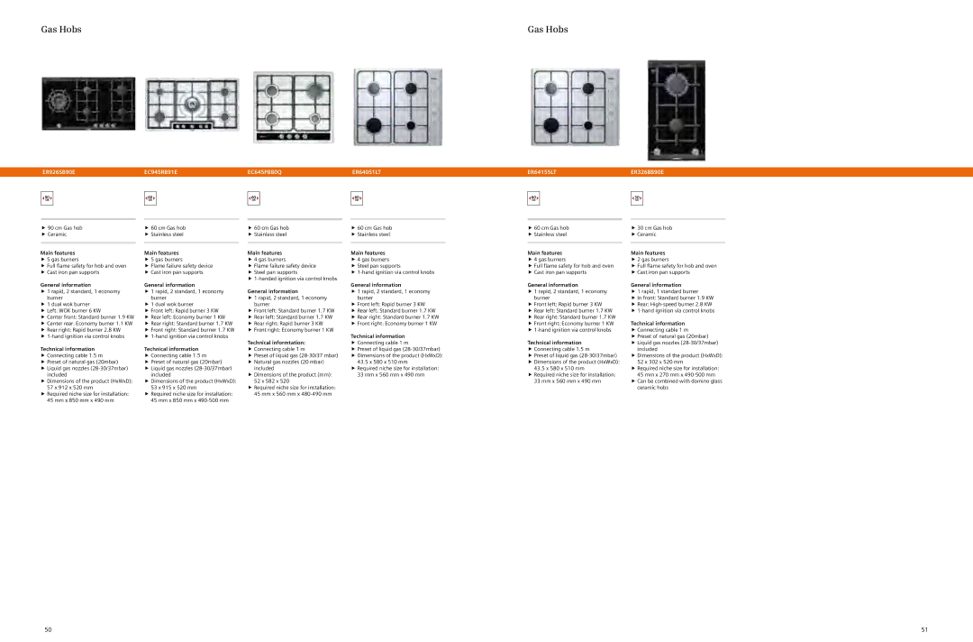 Siemens 2012/gcc manual Gas Hobs, Technical informtation, Main features ff4 gas burners, Main features ff2 gas burners 