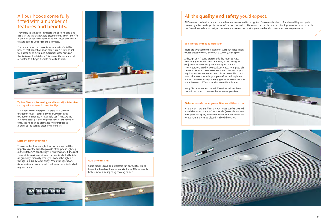 Siemens 2012/gcc manual Softlight dimmer function, Auto after running, Noise levels and sound insulation 