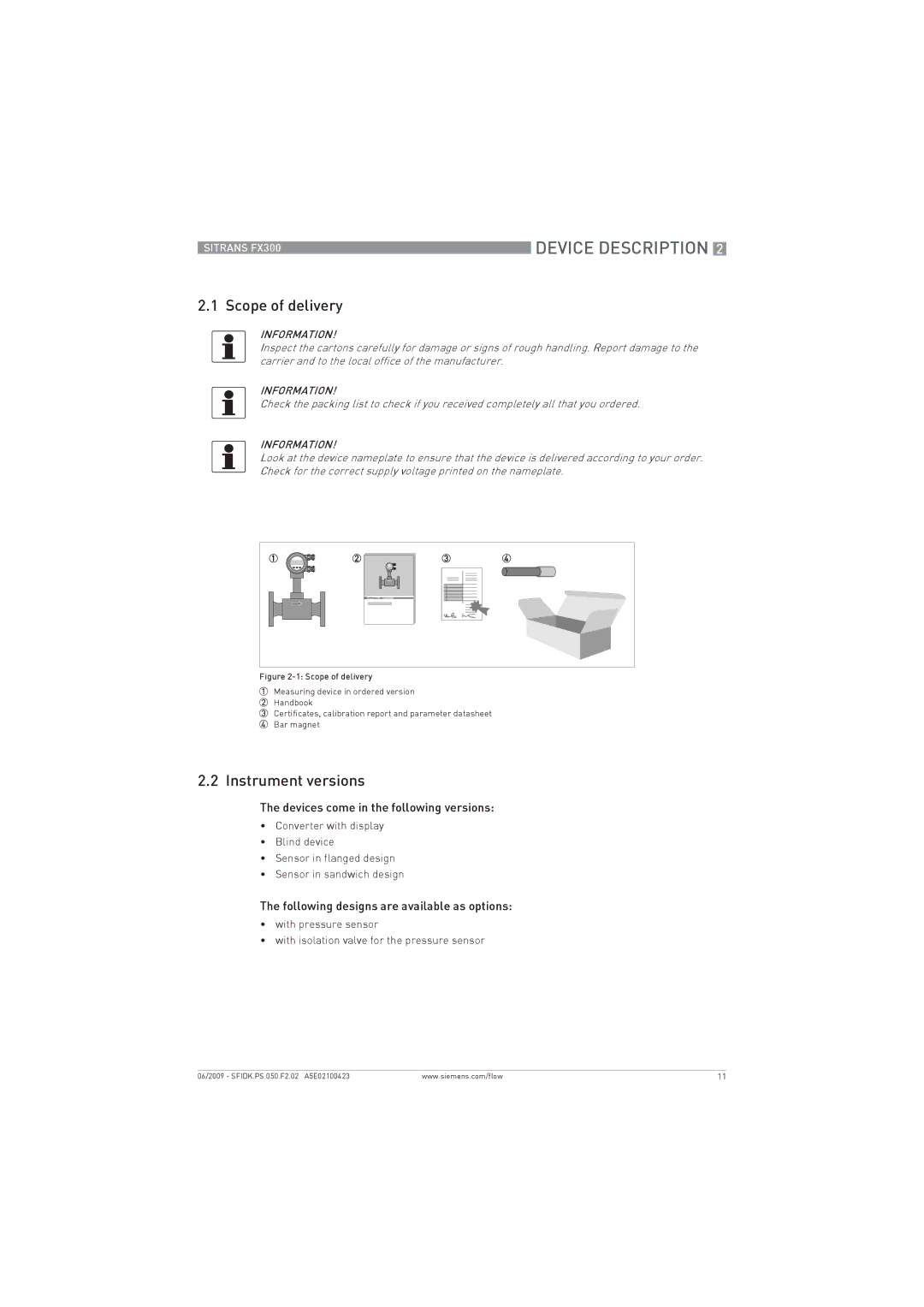 Siemens FX300 manual Scope of delivery, Instrument versions, Devices come in the following versions 