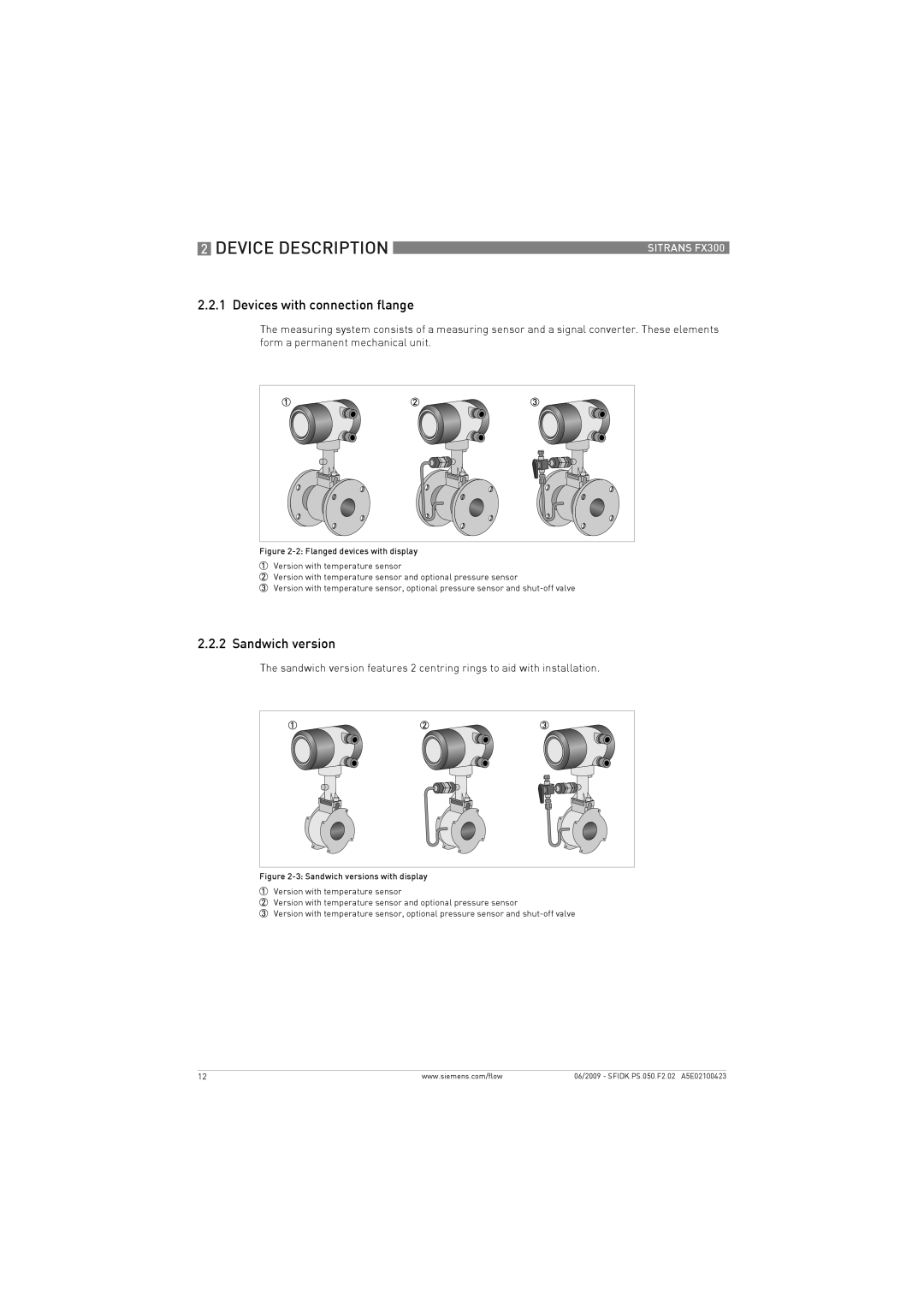 Siemens FX300 manual Devices with connection flange, Sandwich version 