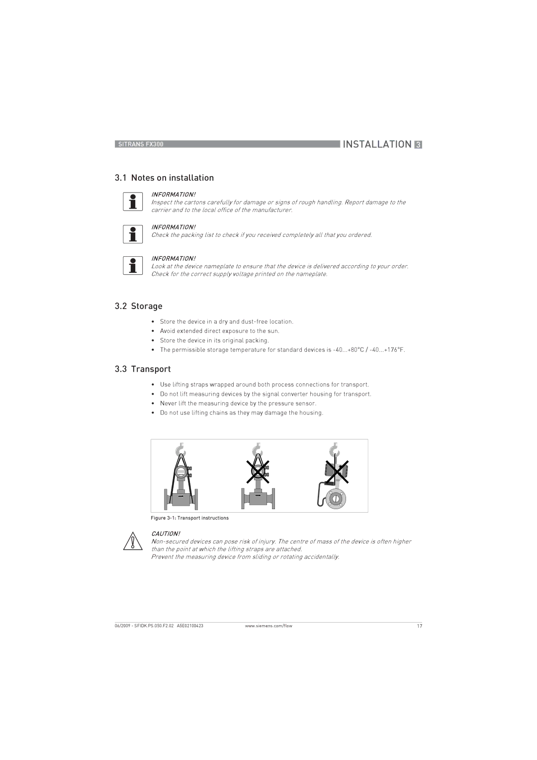 Siemens FX300 manual Storage, Transport 