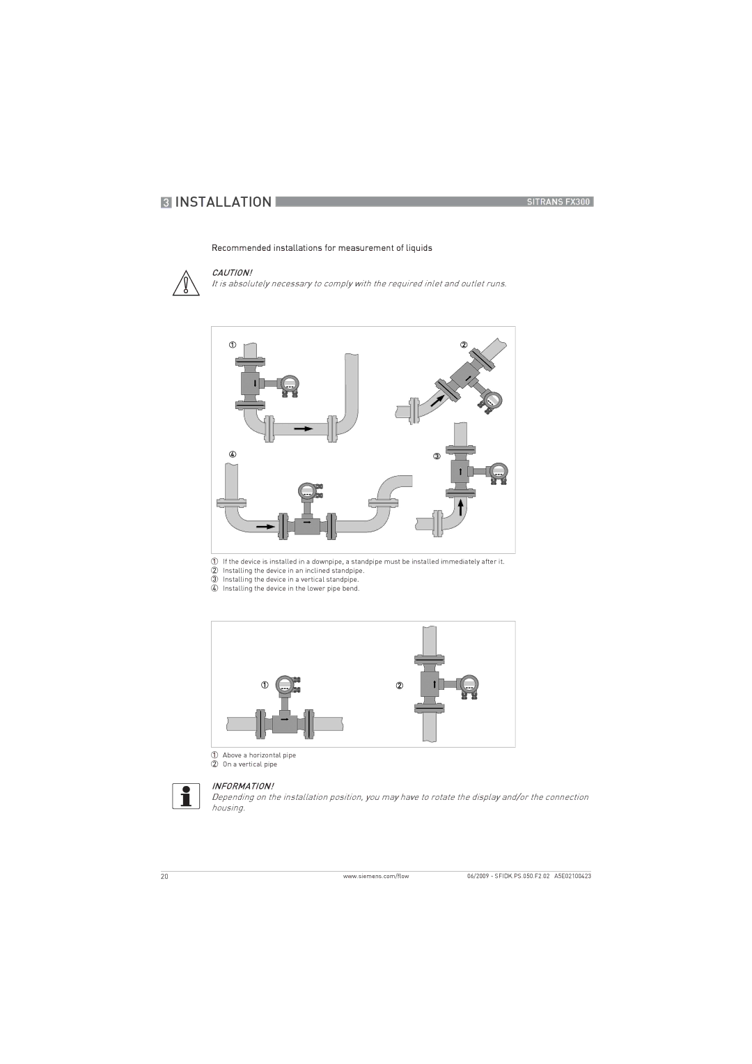 Siemens FX300 manual Recommended installations for measurement of liquids 