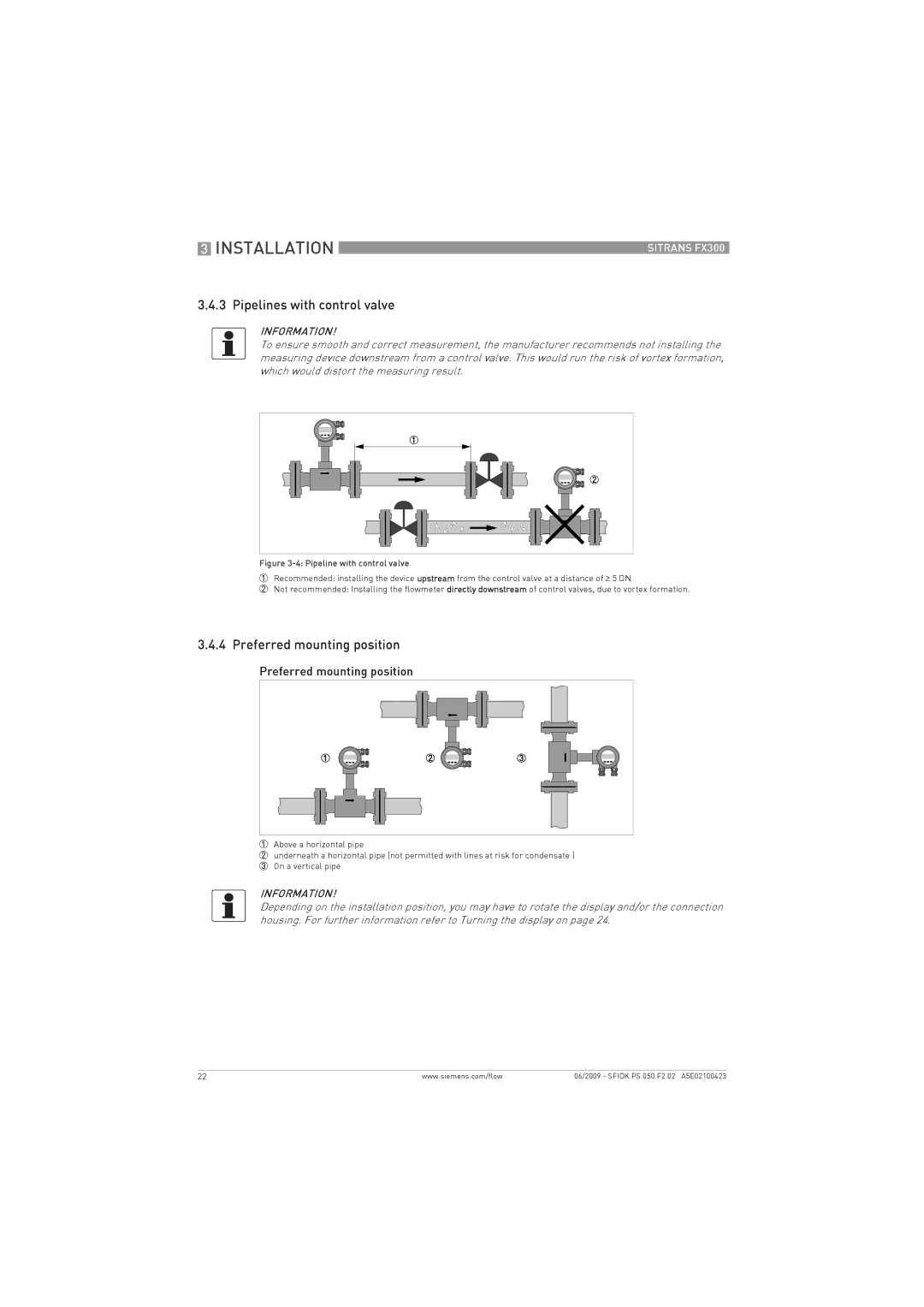 Siemens FX300 manual Pipelines with control valve, Preferred mounting position 