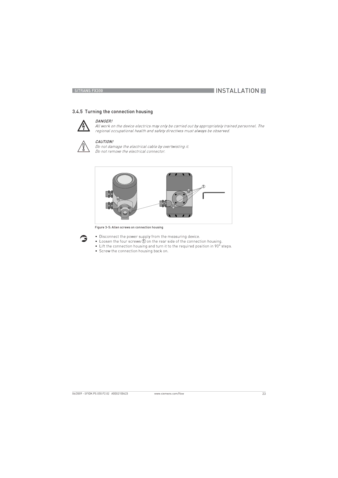 Siemens FX300 manual Turning the connection housing, Allen screws on connection housing 