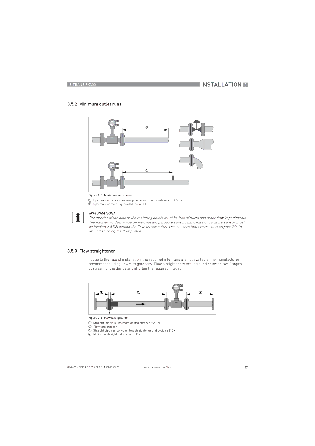 Siemens FX300 manual Minimum outlet runs, Flow straightener 