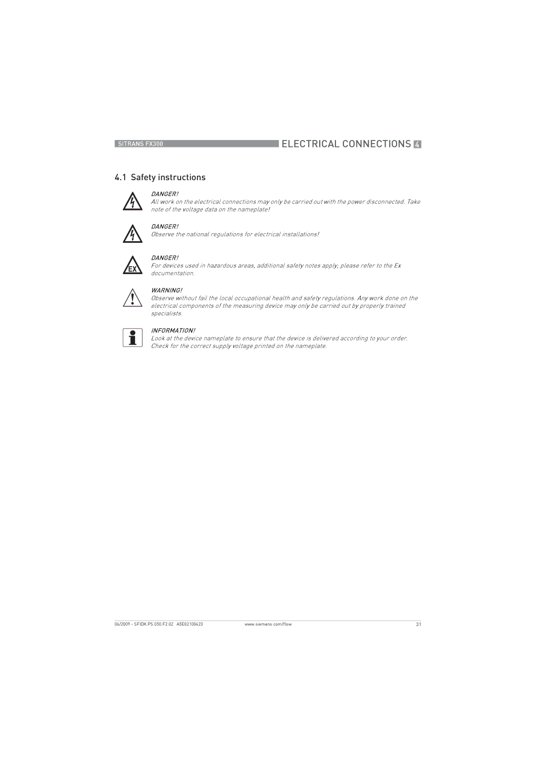 Siemens FX300 manual Electrical Connections, Safety instructions 