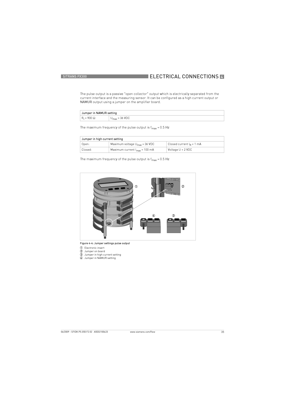 Siemens FX300 manual Electrical Connections, Maximum frequency of the pulse output is fmax = 0.5 Hz 