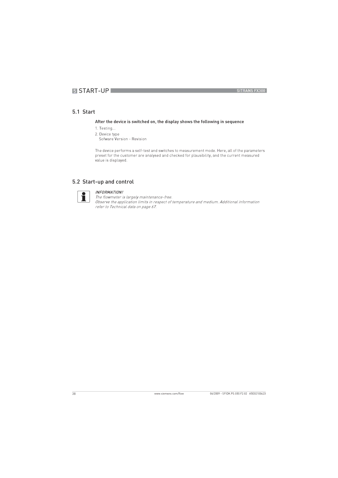 Siemens FX300 manual Start-Up, Start-up and control 