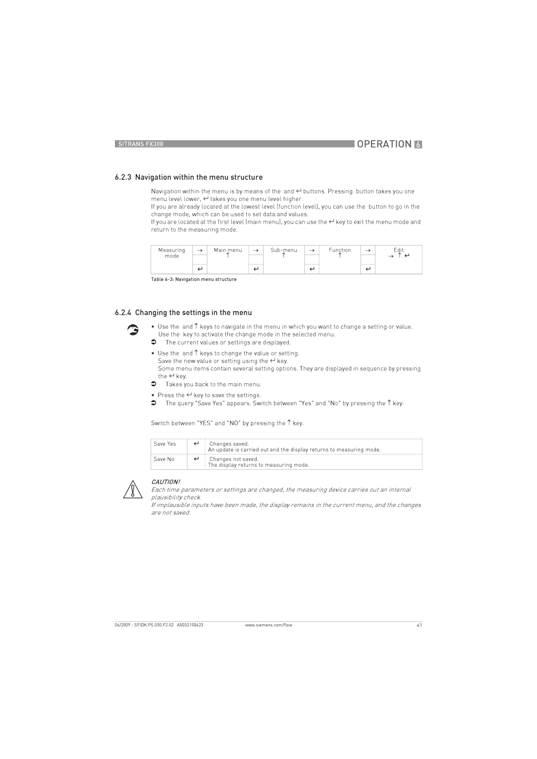 Siemens FX300 manual Navigation within the menu structure, Changing the settings in the menu 