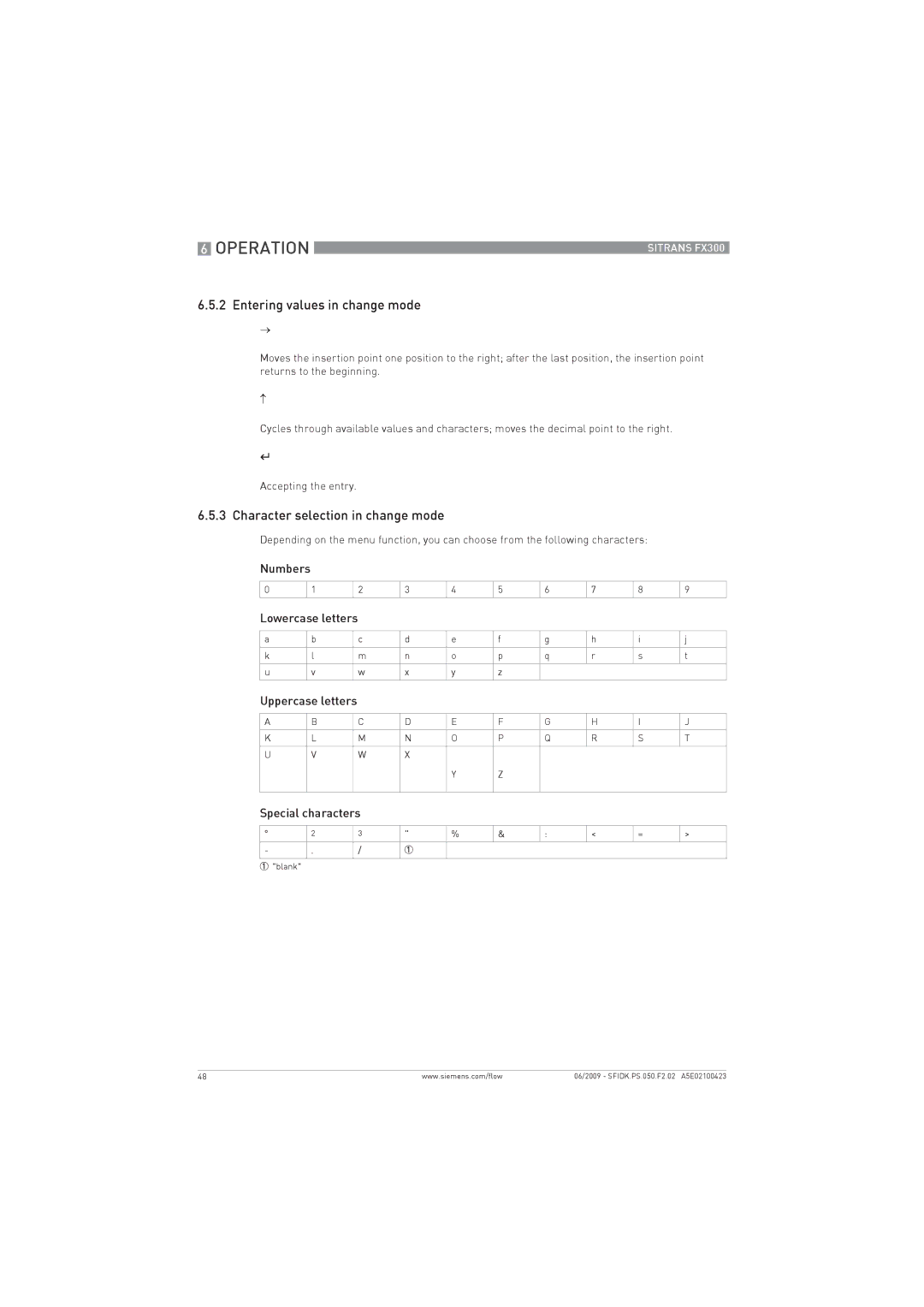 Siemens FX300 manual Entering values in change mode, Character selection in change mode 