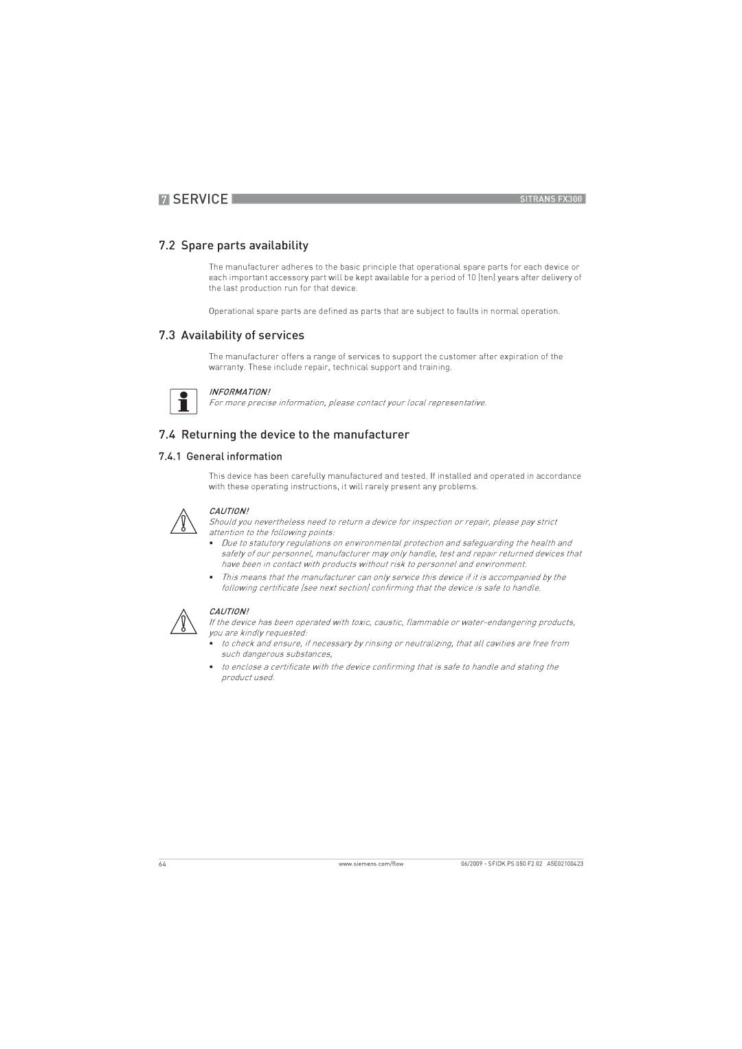 Siemens FX300 manual Service, Spare parts availability, Availability of services, Returning the device to the manufacturer 