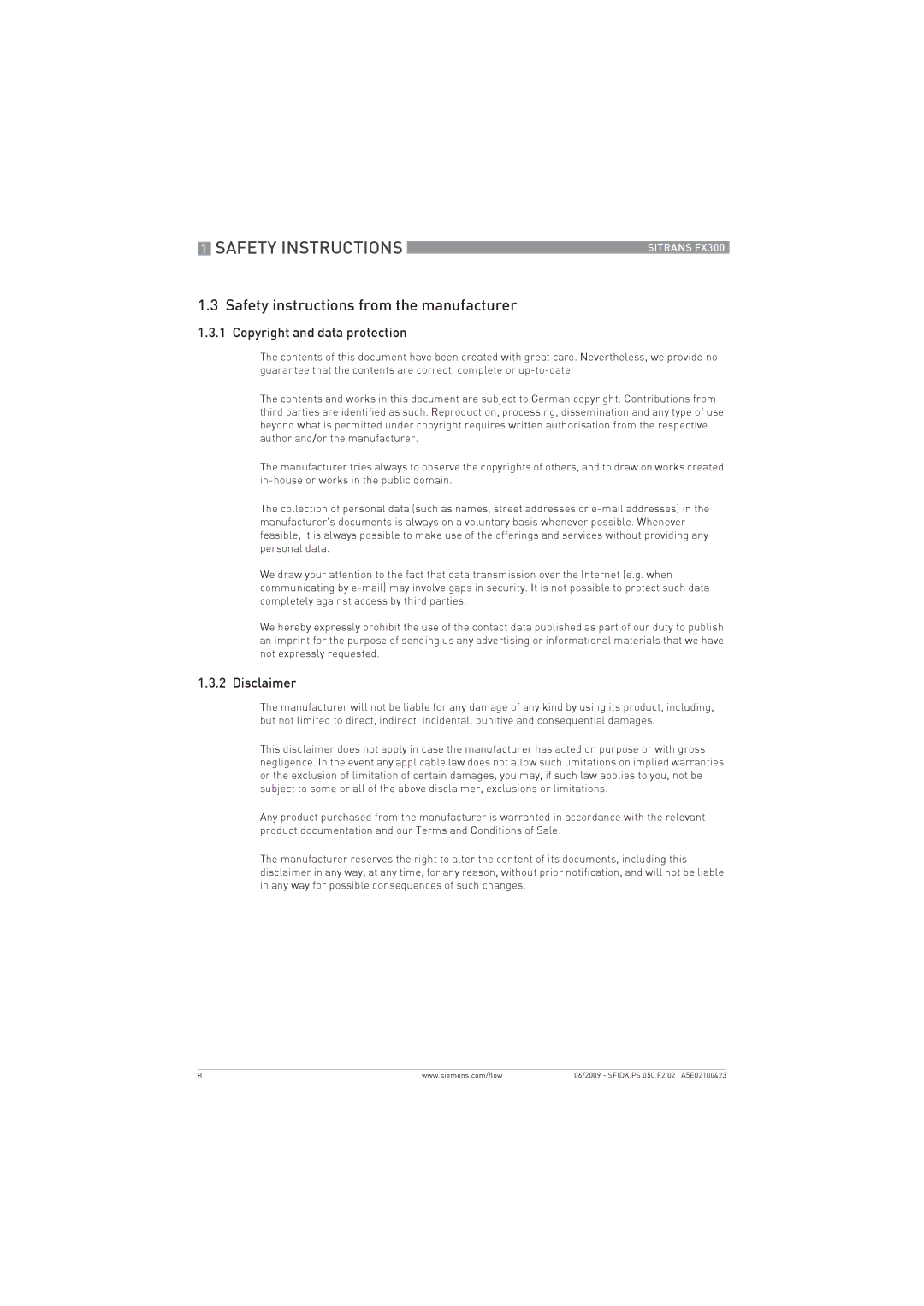 Siemens FX300 manual Safety instructions from the manufacturer, Copyright and data protection, Disclaimer 