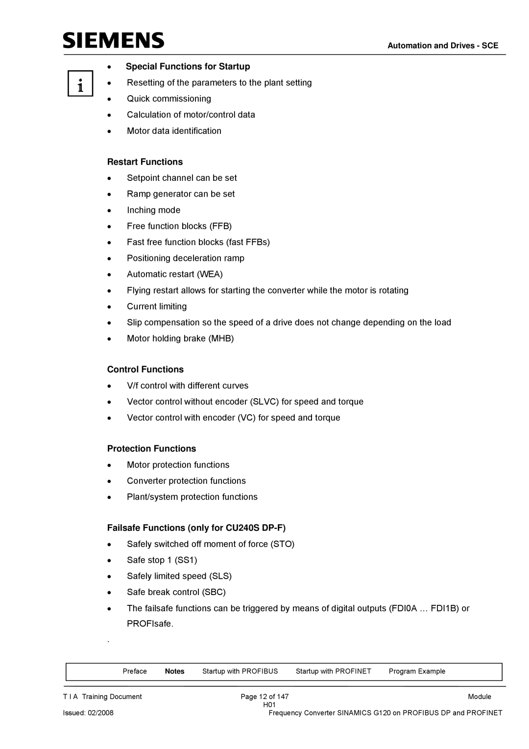 Siemens G120 manual Special Functions for Startup, Restart Functions, Control Functions, Protection Functions 