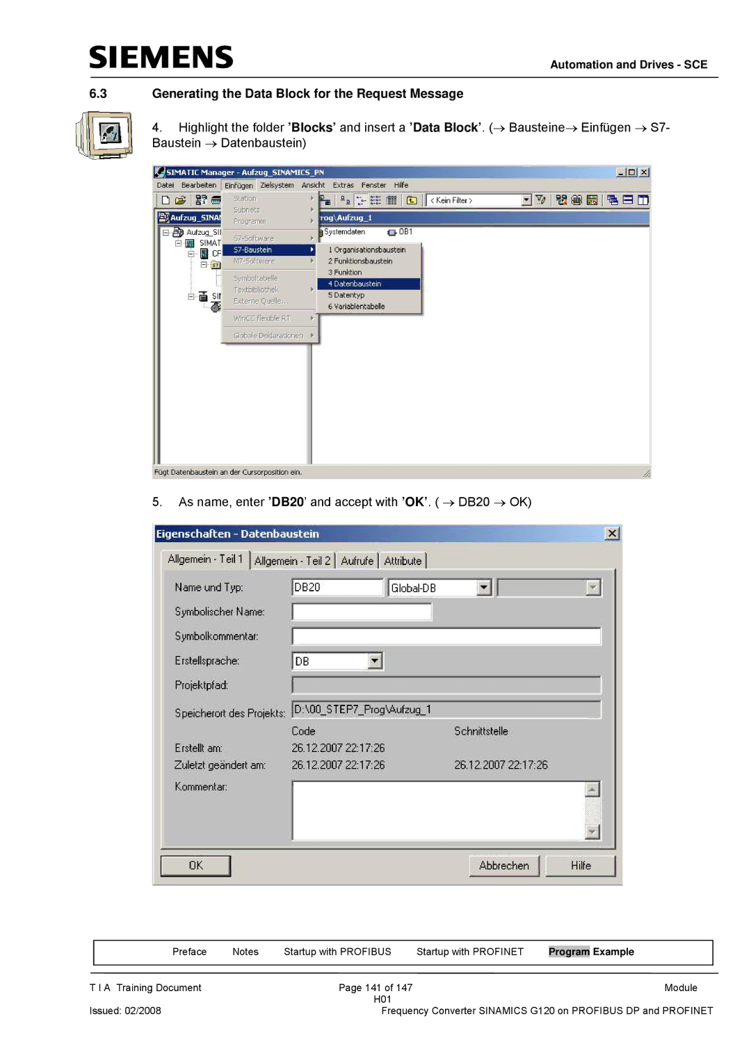 Siemens G120 manual Generating the Data Block for the Request Message 