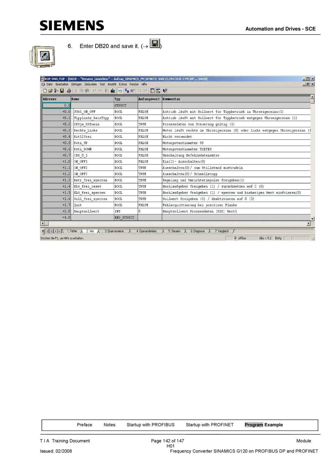 Siemens G120 manual Enter DB20 and save it. → 