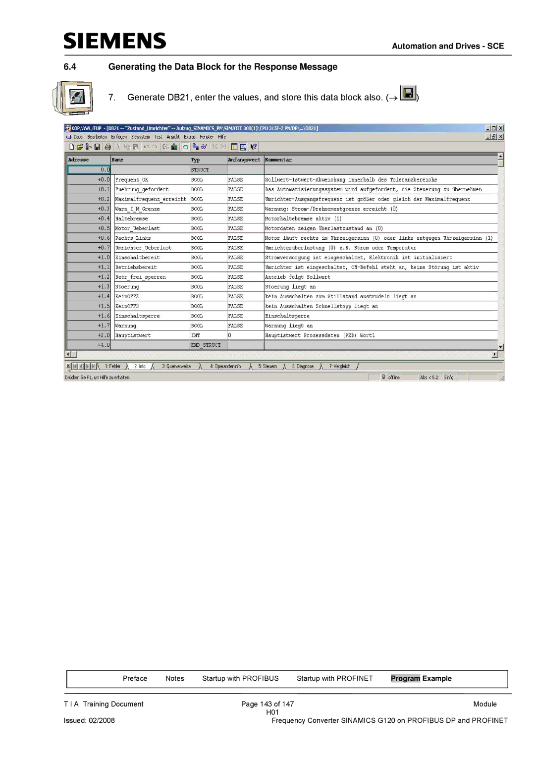 Siemens G120 manual Generating the Data Block for the Response Message 