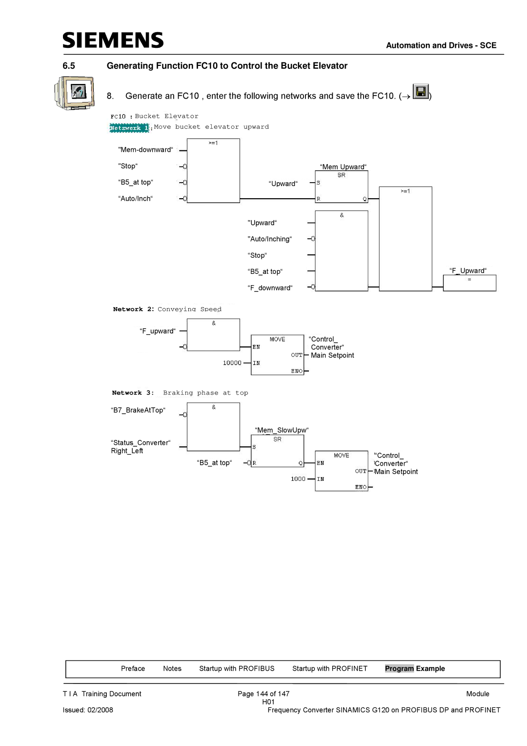 Siemens G120 manual Generating Function FC10 to Control the Bucket Elevator, Upward 