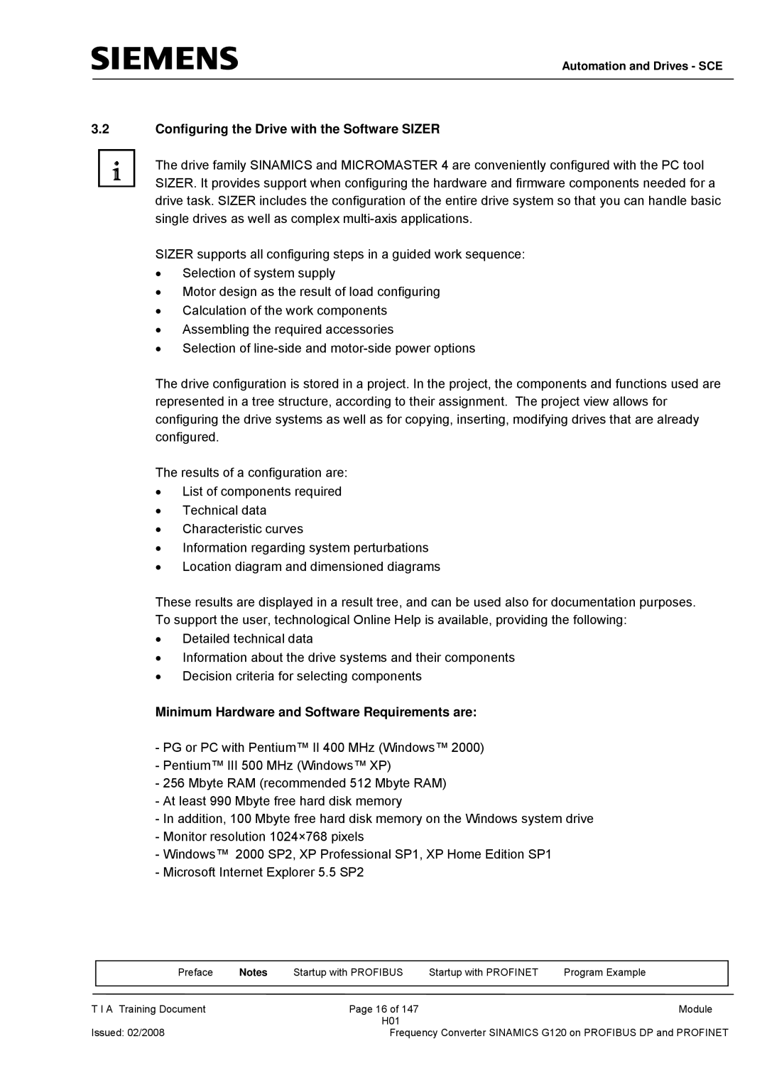 Siemens G120 manual Configuring the Drive with the Software Sizer, Minimum Hardware and Software Requirements are 