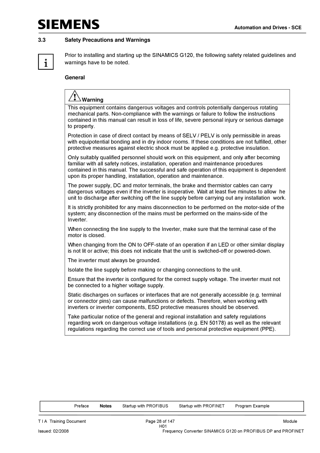 Siemens G120 manual Safety Precautions and Warnings, General 