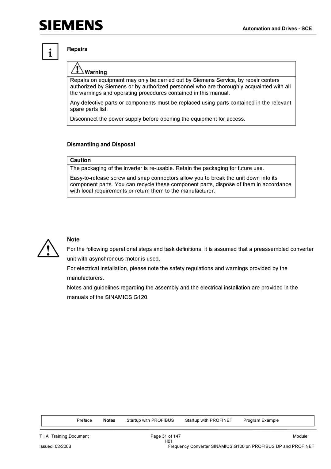 Siemens G120 manual Repairs, Dismantling and Disposal 