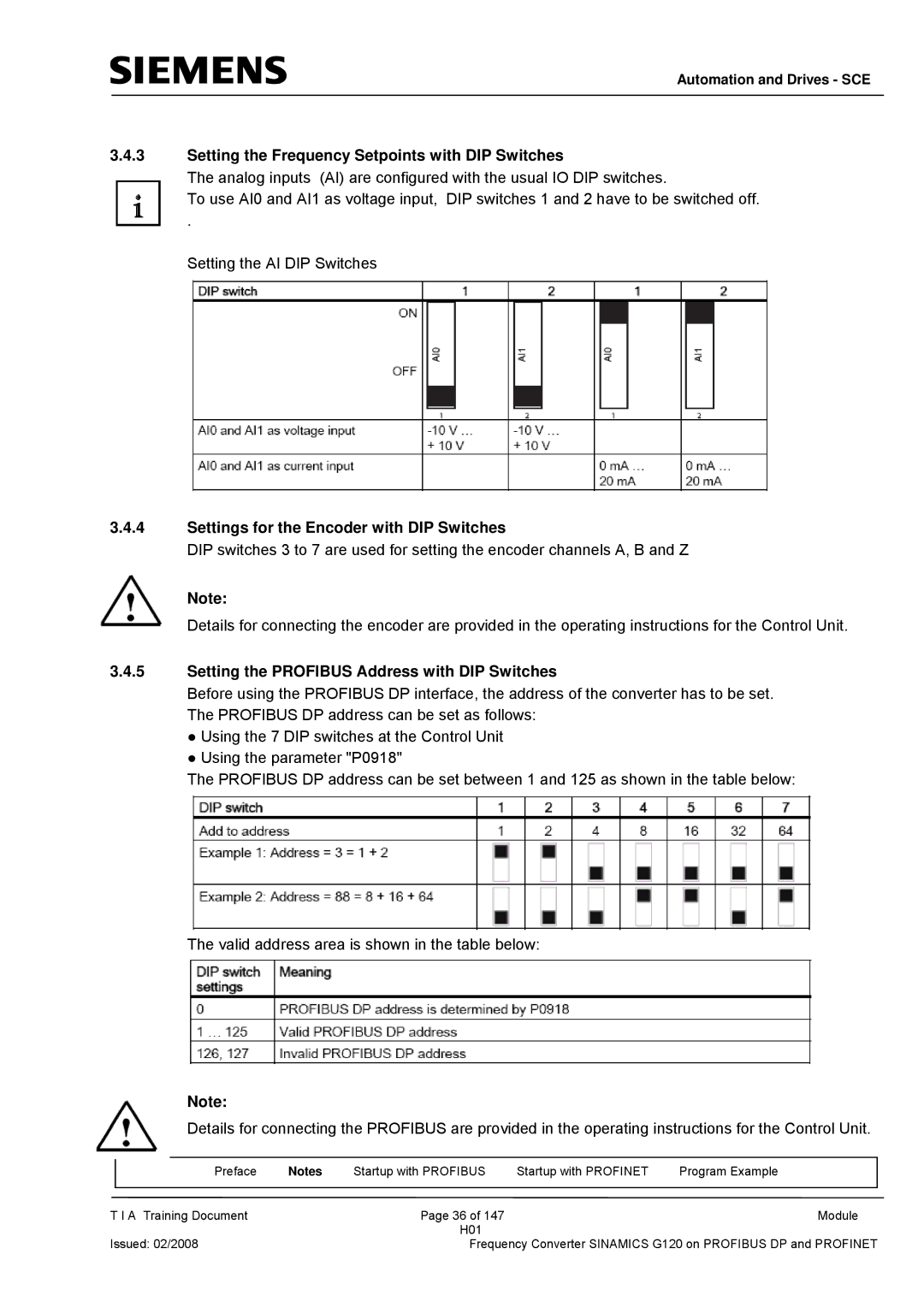 Siemens G120 manual Setting the Frequency Setpoints with DIP Switches, Settings for the Encoder with DIP Switches 