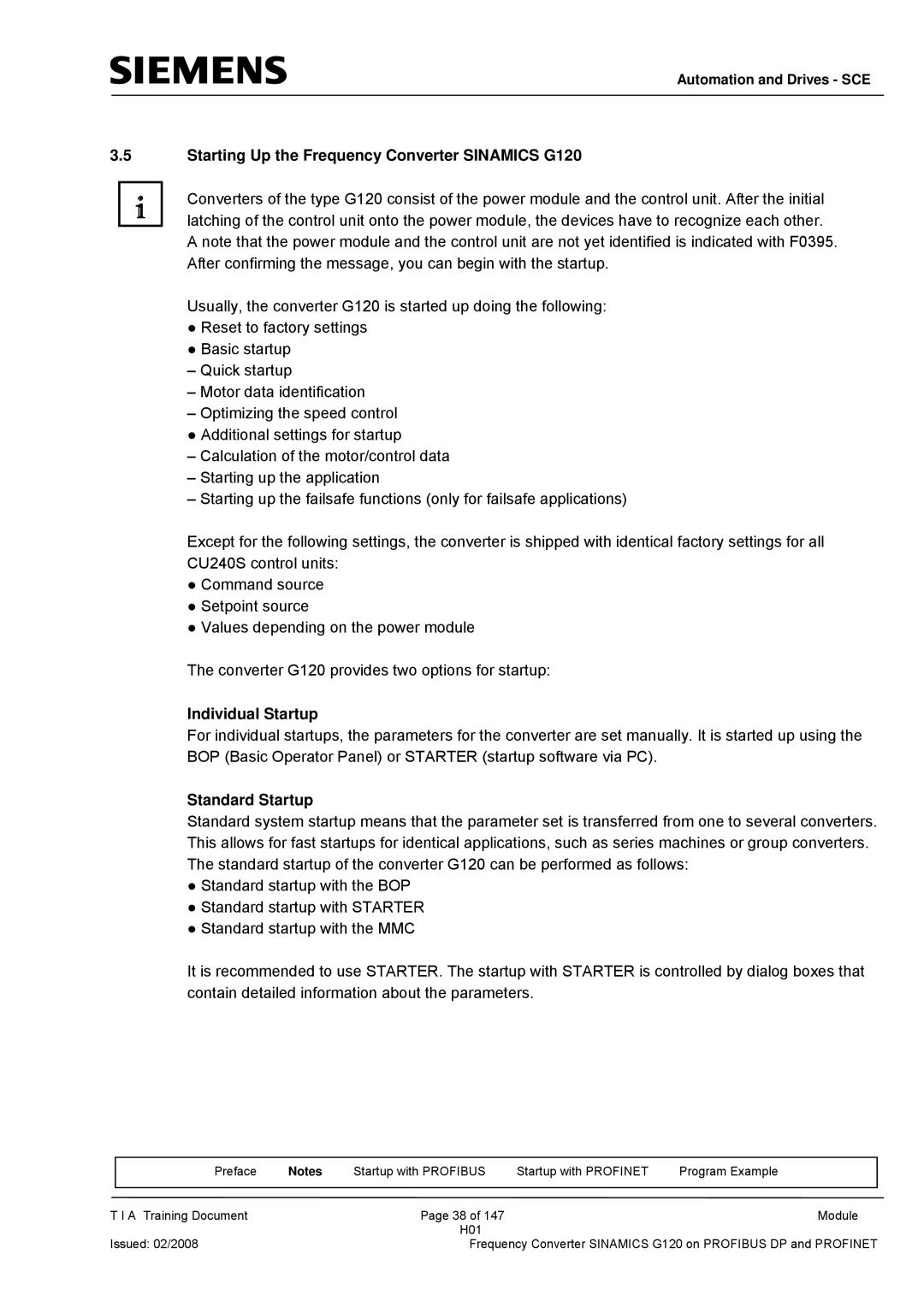 Siemens manual Starting Up the Frequency Converter Sinamics G120, Individual Startup, Standard Startup 