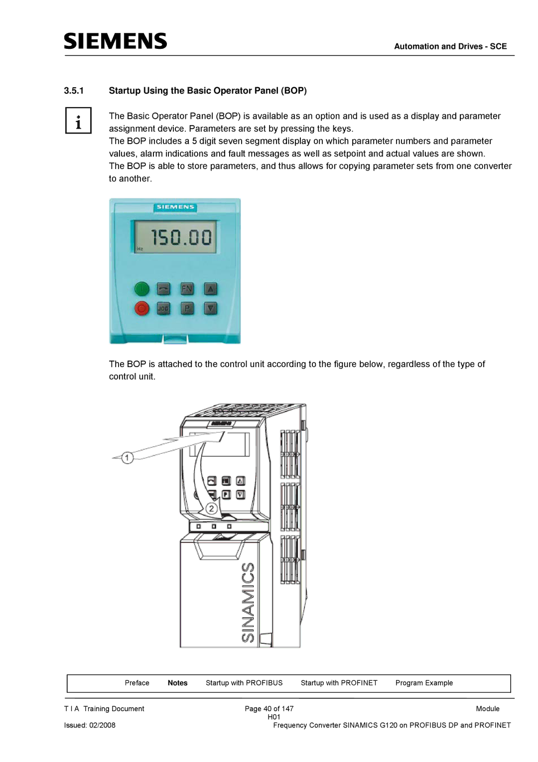 Siemens G120 manual Startup Using the Basic Operator Panel BOP 