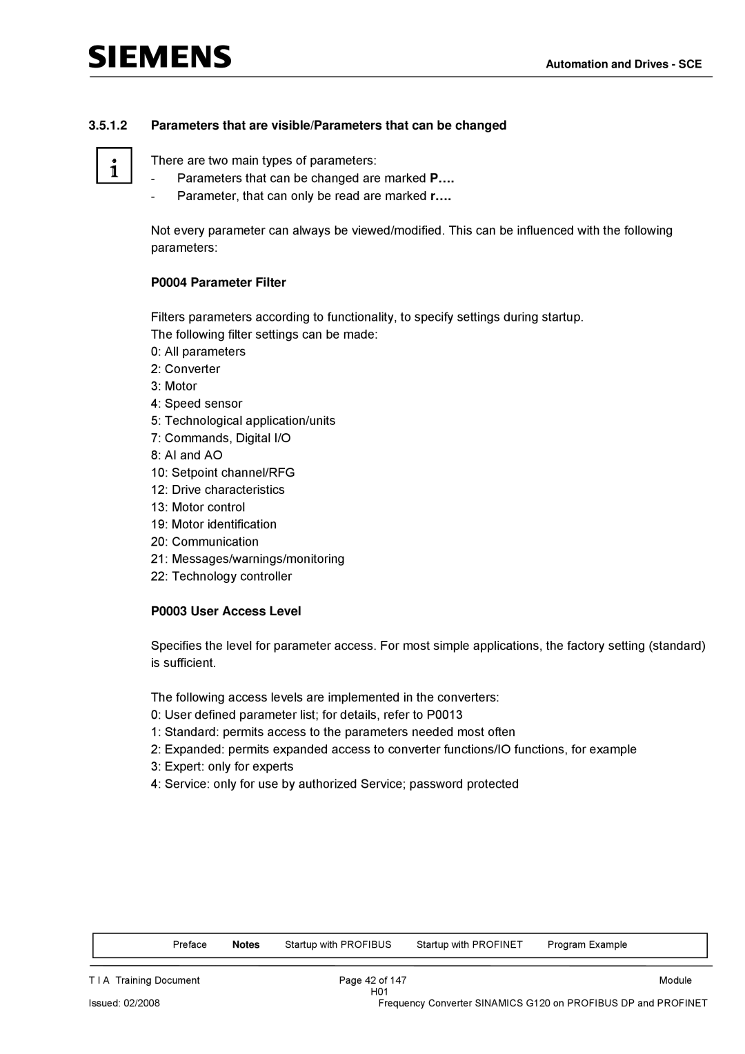 Siemens G120 manual P0004 Parameter Filter, P0003 User Access Level 