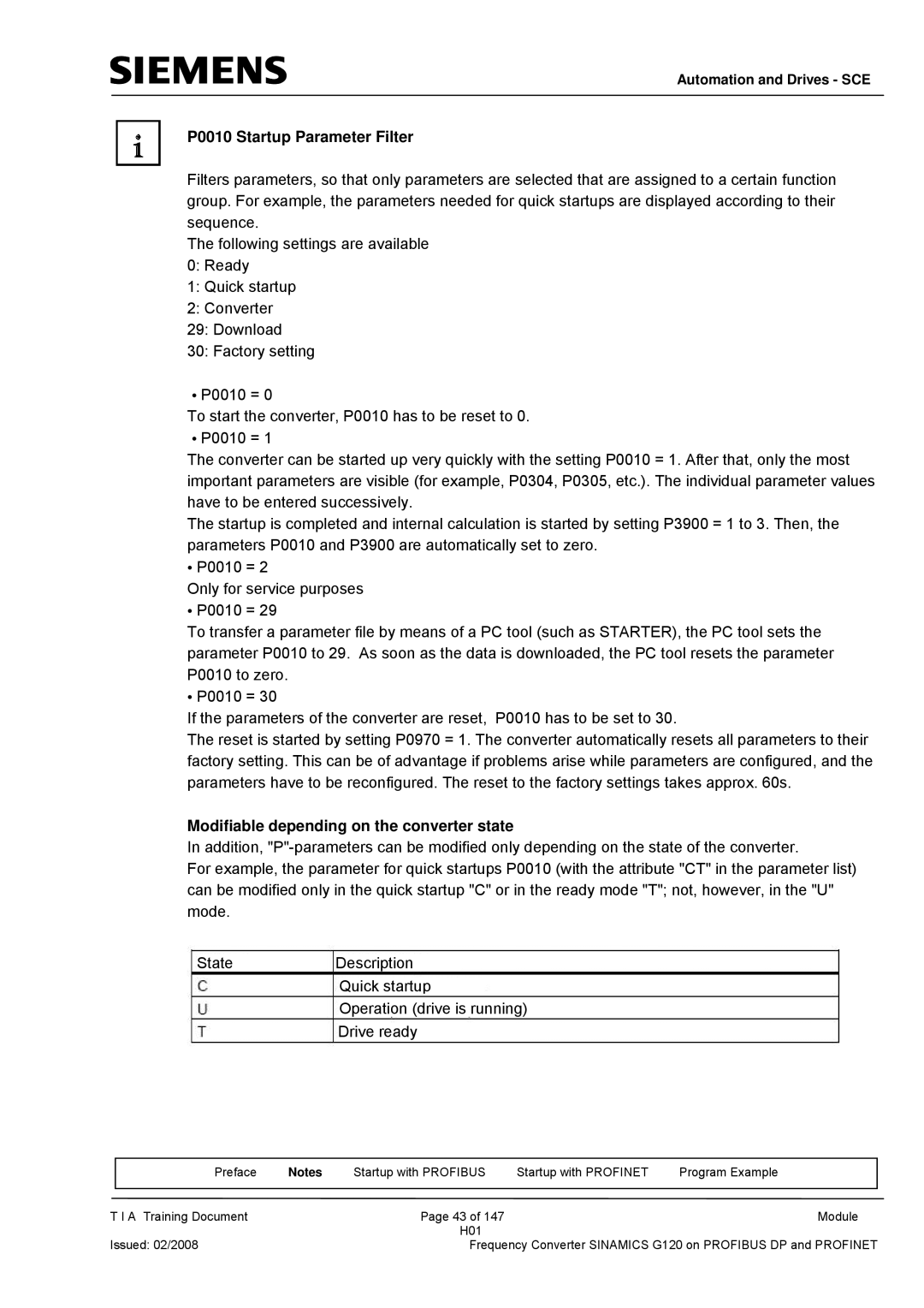 Siemens G120 manual P0010 Startup Parameter Filter, Modifiable depending on the converter state 