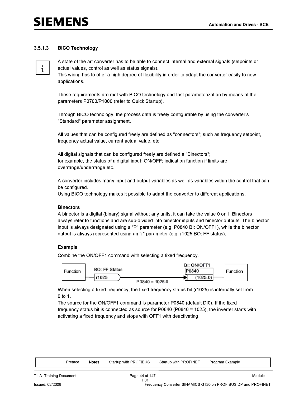 Siemens G120 manual Bico Technology, Binectors, Example 