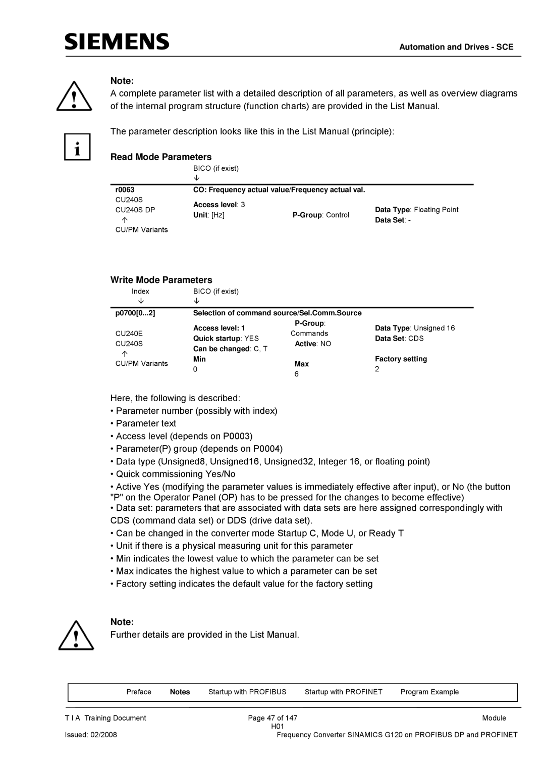 Siemens G120 manual Read Mode Parameters, Write Mode Parameters 