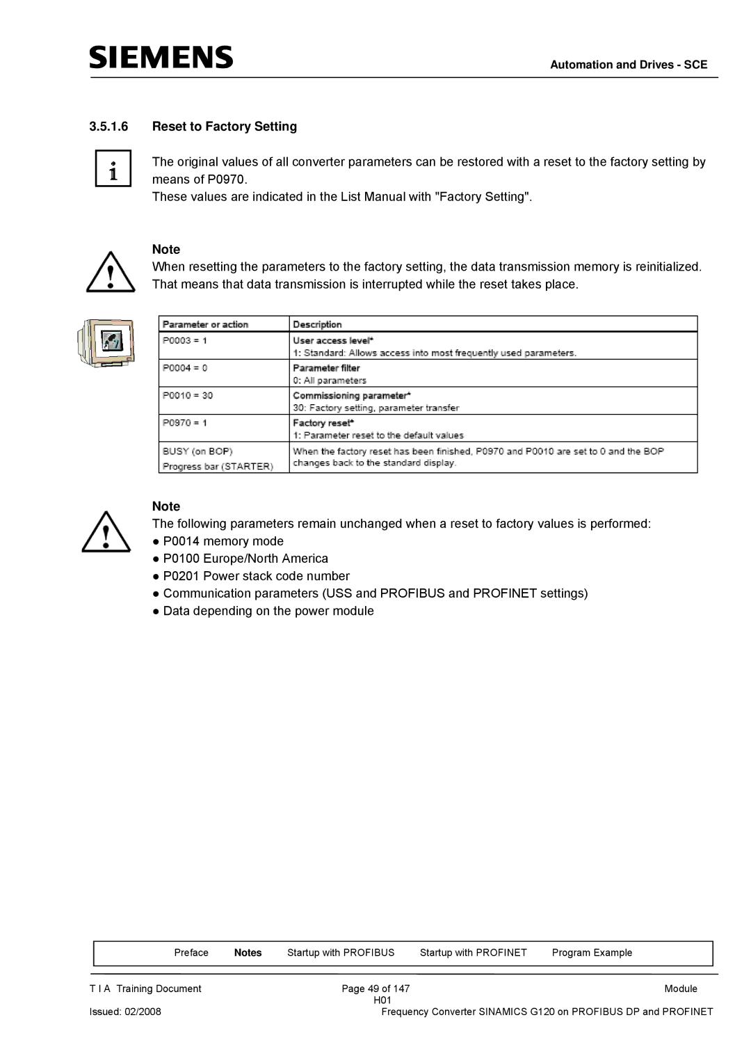 Siemens G120 manual Reset to Factory Setting 