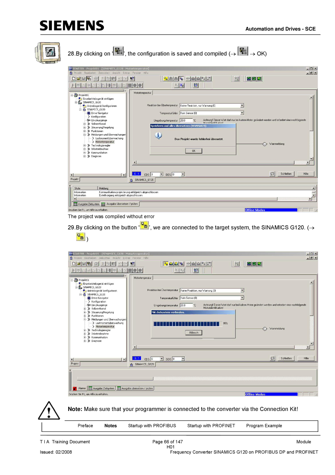 Siemens G120 manual Project was compiled without error 