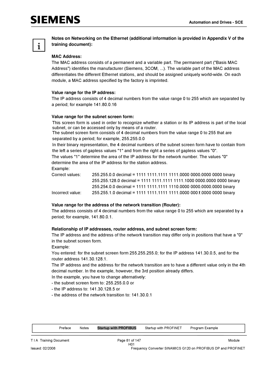 Siemens G120 manual MAC Address, Value range for the IP address, Value range for the subnet screen form 