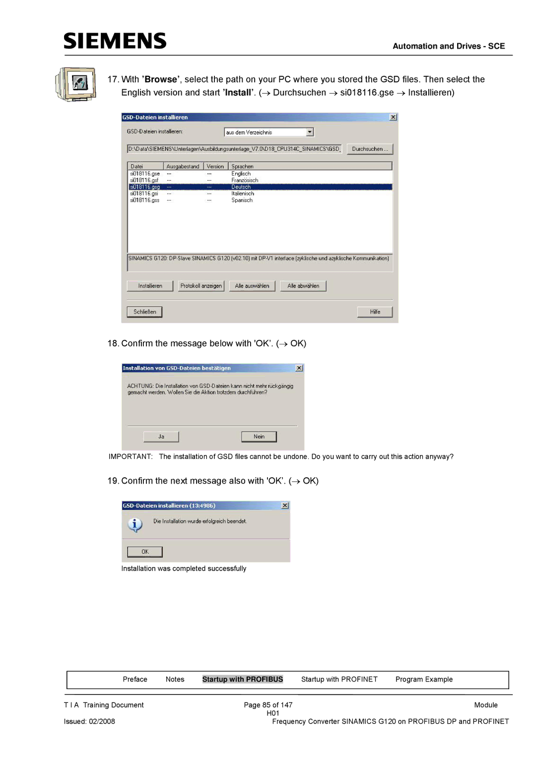 Siemens G120 manual Confirm the next message also with OK’. → OK 