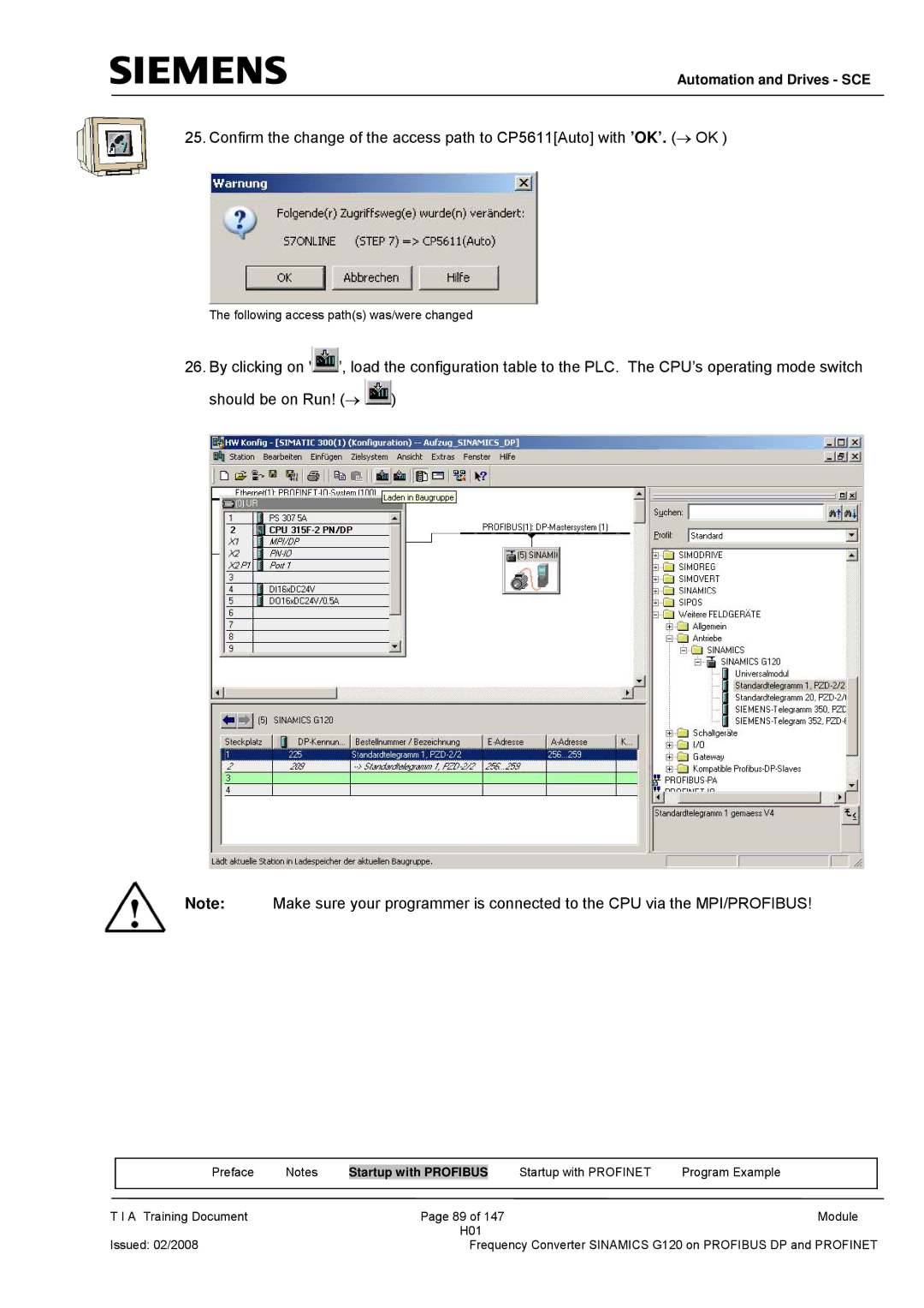 Siemens G120 manual Following access paths was/were changed 