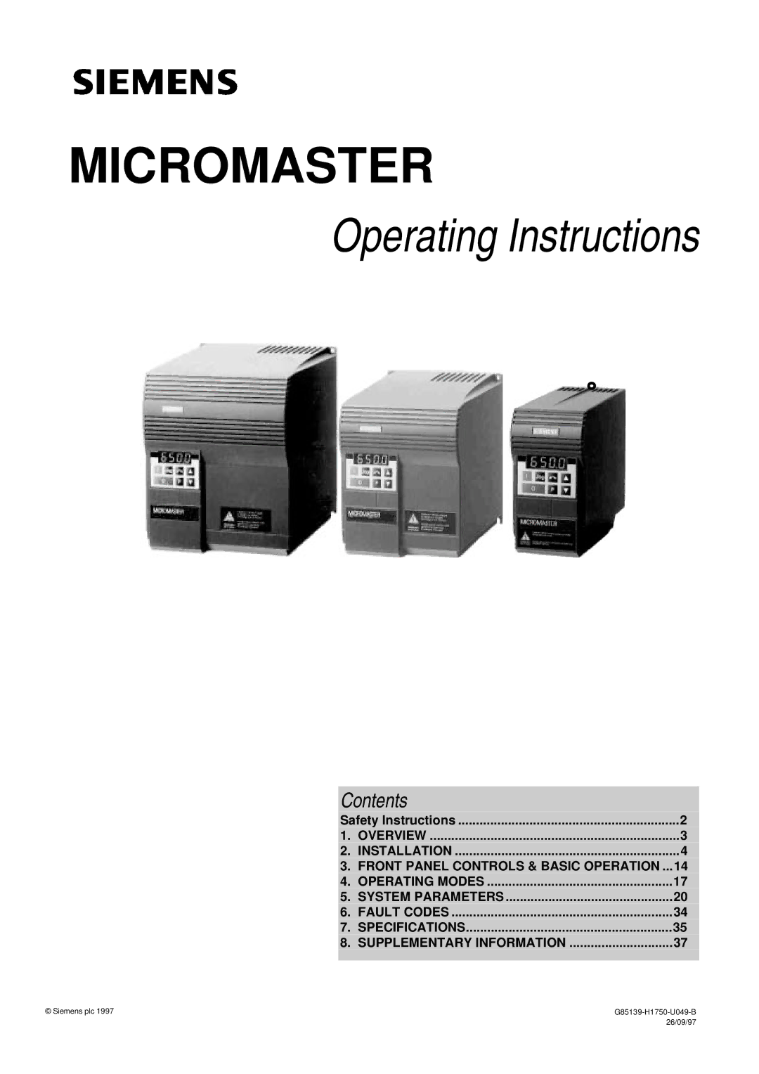 Siemens G85139 operating instructions Micromaster 