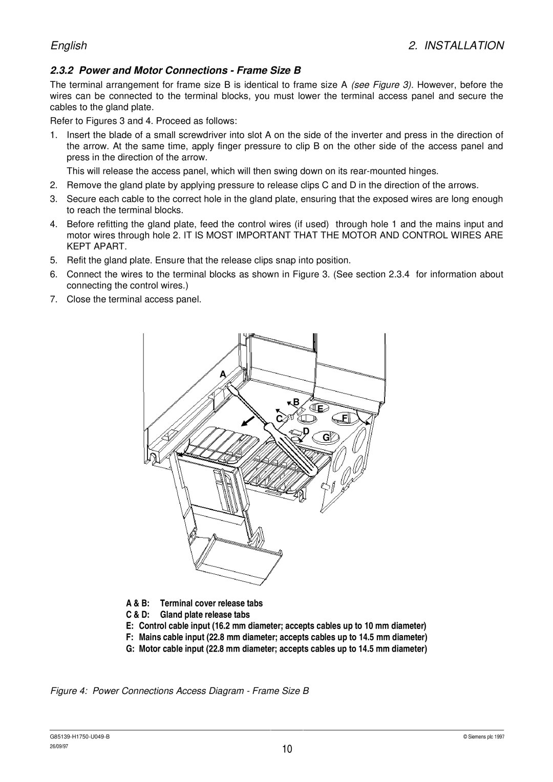 Siemens G85139 Power and Motor Connections Frame Size B, Power Connections Access Diagram Frame Size B 