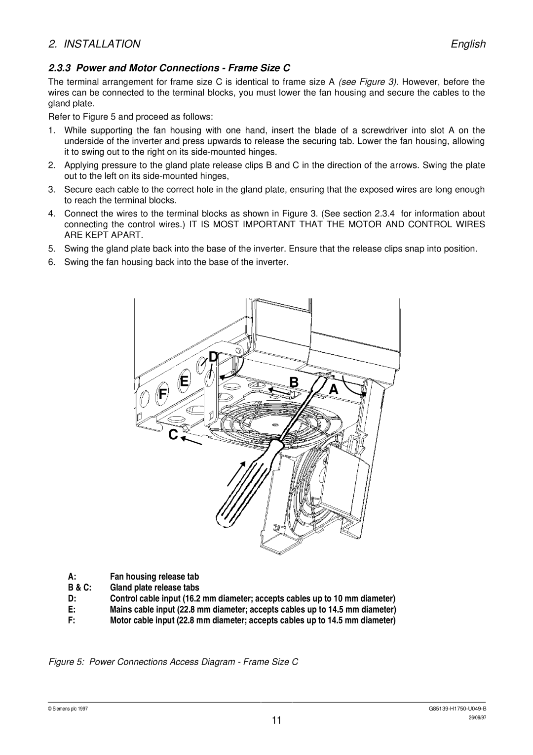 Siemens G85139 Power and Motor Connections Frame Size C, Power Connections Access Diagram Frame Size C 