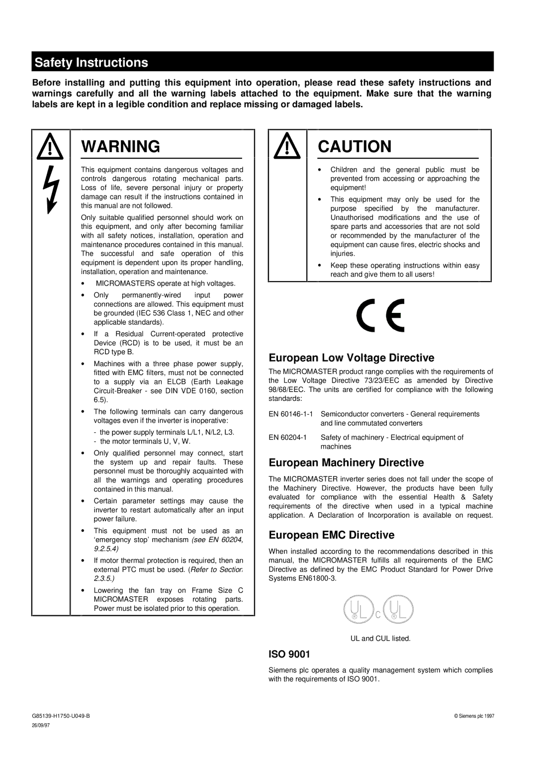 Siemens G85139 operating instructions Safety Instructions 