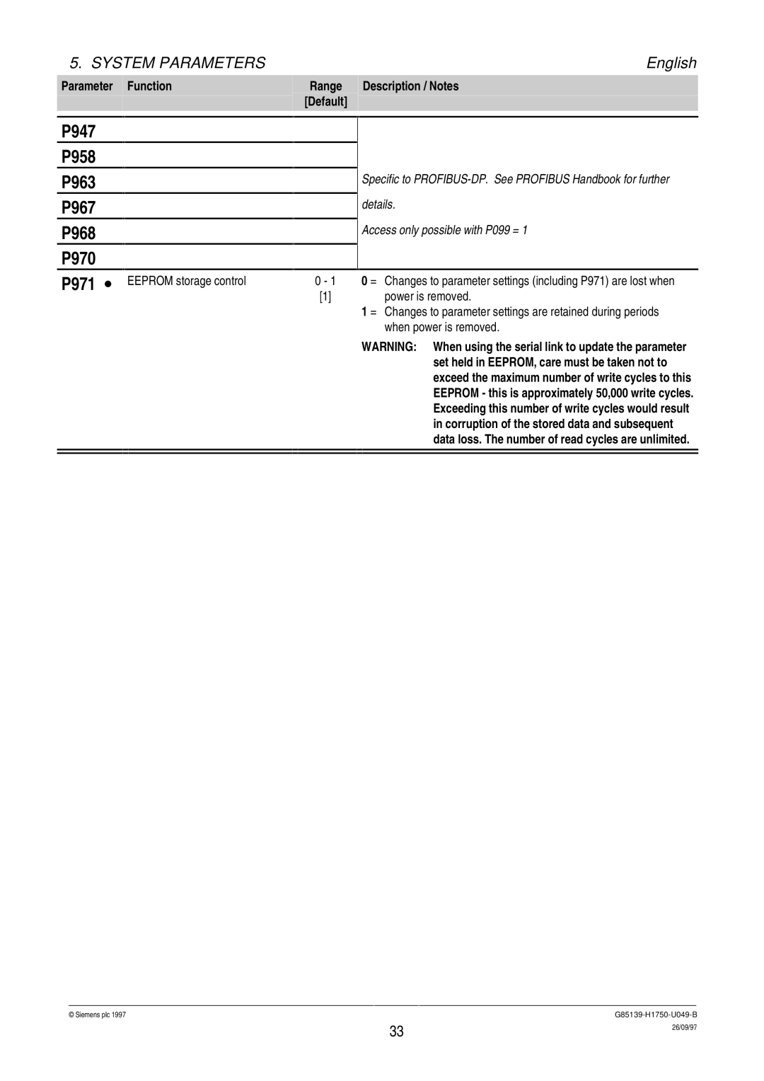 Siemens G85139 operating instructions P947 P958 P963 P967 P968 P970, P971 ∙ Eeprom storage control 