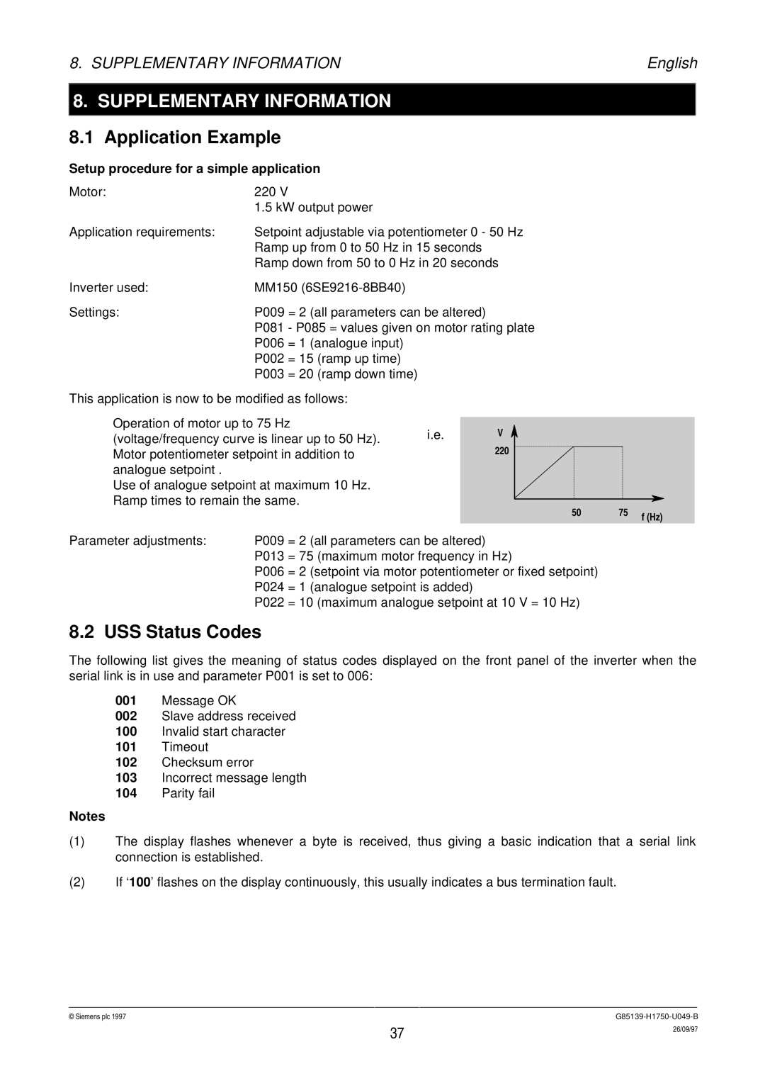 Siemens G85139 Supplementary Information, Application Example, USS Status Codes, Setup procedure for a simple application 