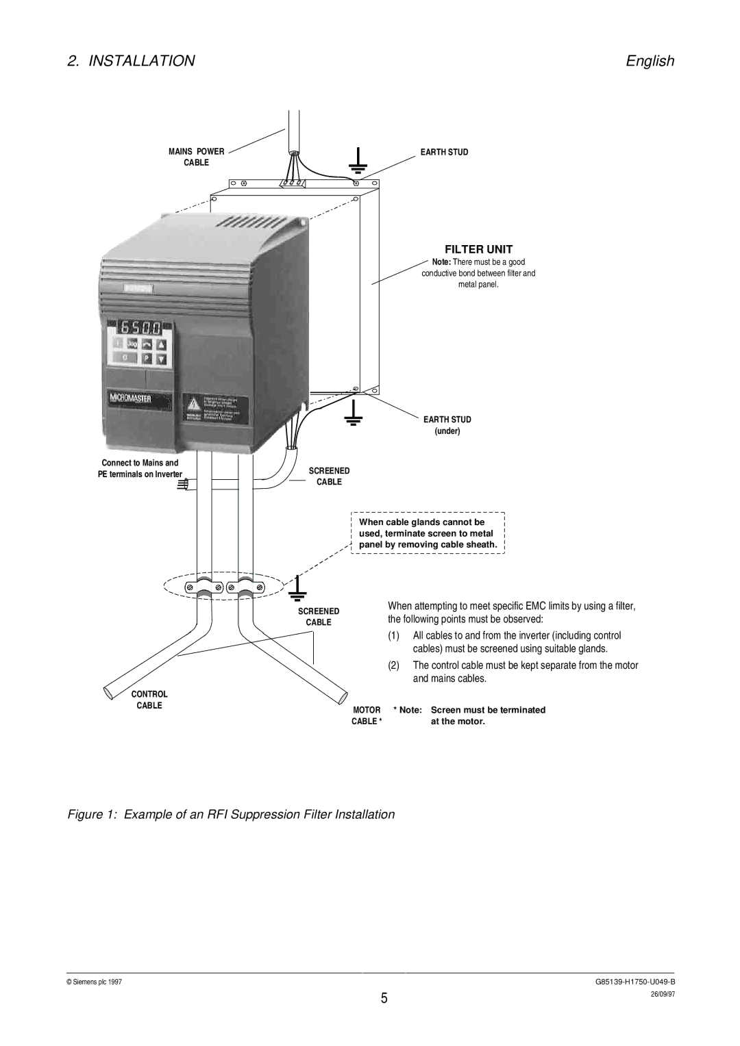 Siemens G85139 operating instructions Example of an RFI Suppression Filter Installation 